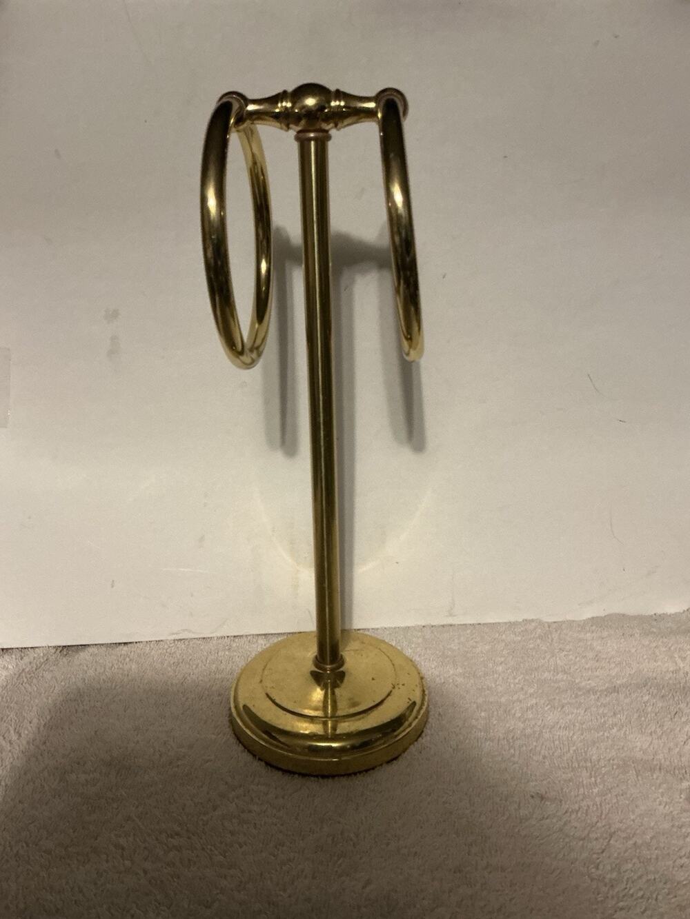 Vintage Brass Hand Towel Holder Stand Double Ring Bathroom Countertop MCM Gold